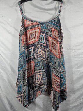 MPH Collection Women's Blue Pink Asymmetric Hem Geometric Art Top Plus Size 2X